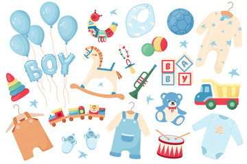 Set of cute baby boy clothes, toys, balloons, horse, train and car. Design elements perfect for baby shower invitations, cards and party decor. Festive vector design for celebrations isolated on white