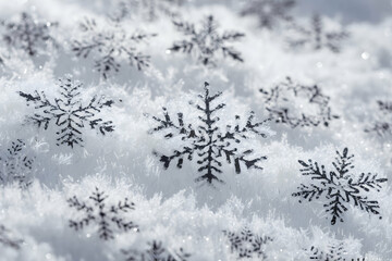 Obraz premium Fresh snowflakes form intricate patterns, contrasting fluffy white backgrounds winter serenity