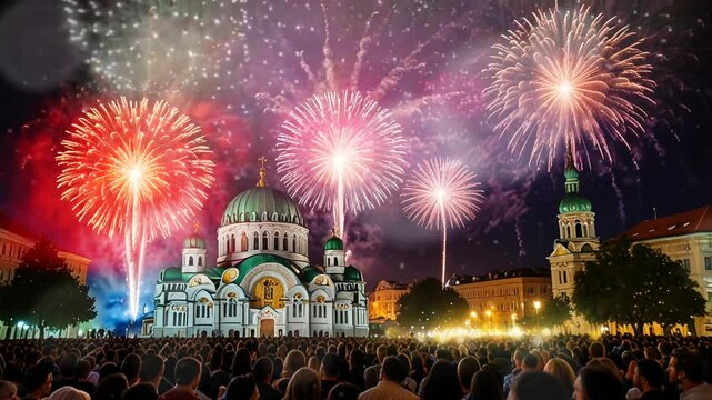 A festive Irish village scene with cobblestone streets, people in green attire, shamrocks, and a lively parade