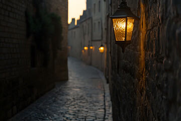 Fototapeta premium Empty narrow cobblestone street in a medieval town, with ancient stone buildings lining the way, evoking a sense of history, charm, and timeless beauty in a quiet, atmospheric setting