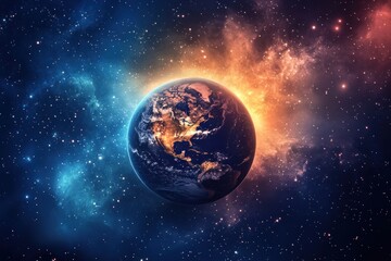Fototapeta premium Earth Illuminated In Cosmic Nebula Space