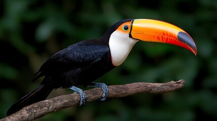 Naklejka premium A vibrant toucan perched on a branch in a lush environment.