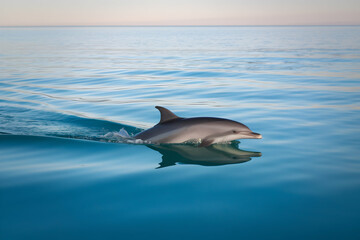 Fototapeta premium Dolphin glides through calm waters, ripples reflecting sleek body against open horizon