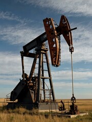 Oil pumpjack operating in a prairie oilfield.