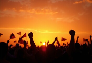 Fototapeta premium A crowd of people at sunset rejoices with their hands up