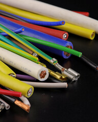 Copper electrical installation wires in colored insulation. Close-up. Soft focus.