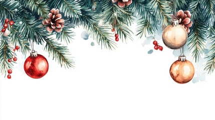 Watercolor Christmas Frame with Fir Branch and Ornaments