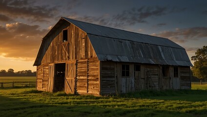 Fototapeta premium Old farm sheds illuminated by evening light.