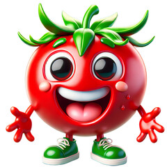 Fototapeta premium A cheerful tomato character with big eyes, green shoes, and a wide smile, radiating happiness.