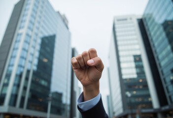 fist raised in the air against the background of buildings
