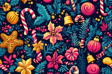 Fototapeta premium Christmas composition with red bells, lollipops, ginger peppers, spruce, cones, berries and poonsete on a dark green background.