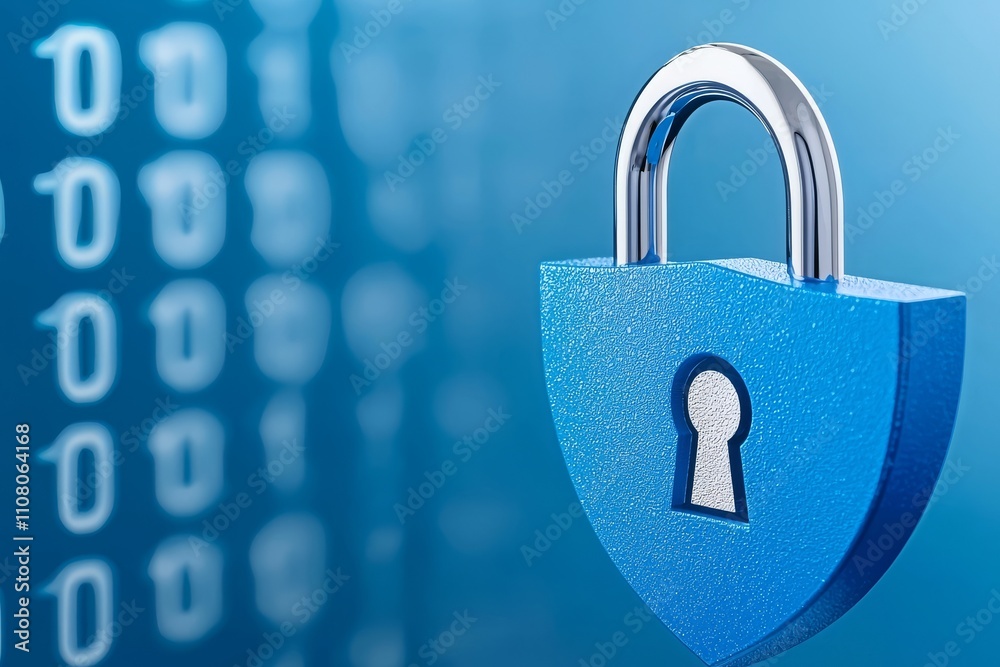 Poster the concept of cybersecurity and data privacy protection, featuring a lock and a background of binar