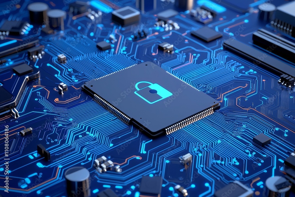 Poster the concept of cybersecurity and safeguarding private information and data. locks on a blue integrat