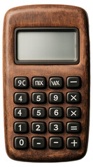 Wooden calculator with black buttons and a blank screen