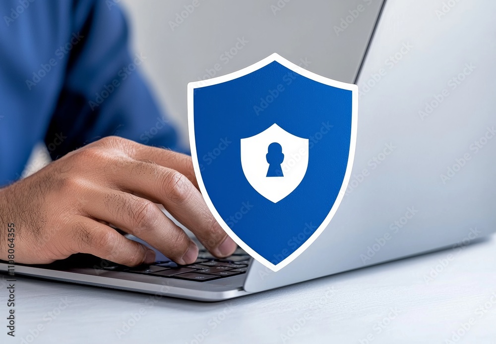 Poster a businessman using a laptop, emphasizing cybersecurity and privacy in technology. safeguarding data
