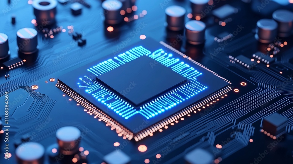Poster a 3d visualization of digital binary data on a microchip, set against a glowing circuit board backgr