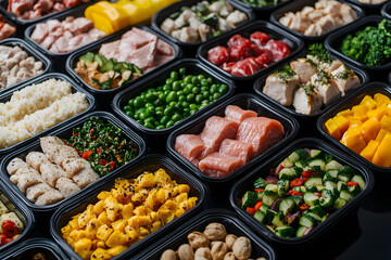 Fitness enthusiast meal prepping for the week, organising healthy meals in containers, emphasising nutrition, fitness goals, and the importance of planning for a balanced lifestyle.
