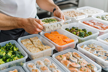 Fitness enthusiast meal prepping for the week, organising healthy meals in containers, emphasising nutrition, fitness goals, and the importance of planning for a balanced lifestyle.