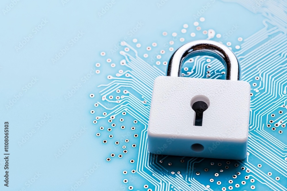 Poster a conceptual image of future technology, security, and cyber protection, featuring a front view of a