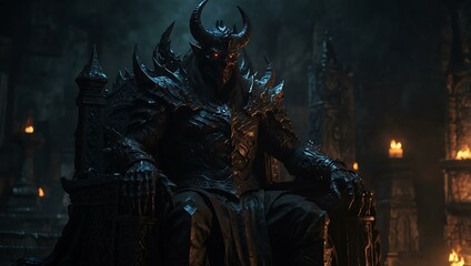 Fototapeta premium Ominous demon lord seated on a shadowy throne with glowing eyes.