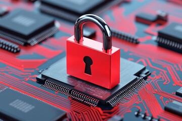 A futuristic backdrop featuring a padlock, representing internet security and the safeguarding of personal data. Stock image.