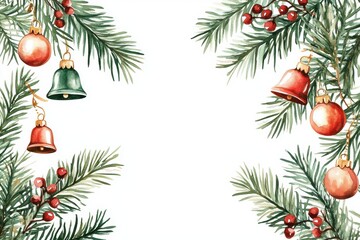 Watercolor Christmas Frame with Fir Branches and Bells Decoration