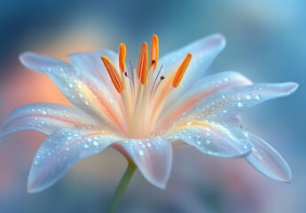 Fototapeta premium Beautiful Close-Up of a Delicate Lily Flower with Soft Focus and Dew Drops on Petals, Creating a Dreamy, Serene Atmosphere in Nature's Palette