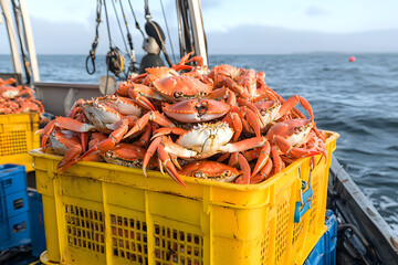 Fresh catch of Dungeness crabs piled in a yellow box, showcasing the bounty of the sea with vibrant colours and highlighting the freshness of seafood in a coastal setting