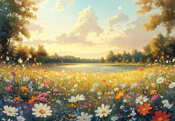 Fototapeta premium Beautiful Summer Landscape with Colorful Wildflowers, Serene Lake, Lush Green Trees, and Vibrant Sky Reflecting Over Calm Waters at Dusk