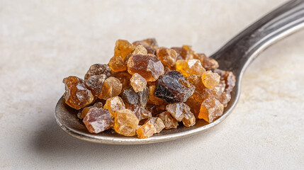 Close-up of myrrh resin on a tree trunk, used in essential oil production for aromatherapy and healing treatments.