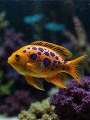 Orange fish with purple spots in an aquarium.