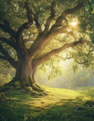 Fototapeta premium Majestic Ancient Tree Illuminated by Sunlight in a Lush Green Landscape, Capturing the Essence of Nature's Beauty, Serenity, and Tranquility in a Forest Setting