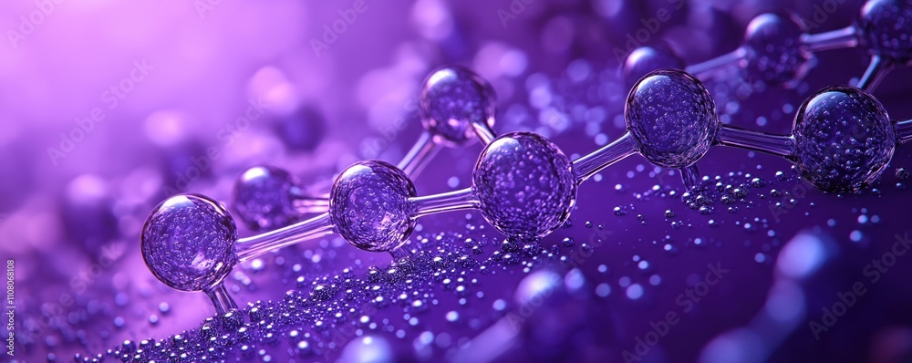 Poster close-up view of molecular structure on vibrant purple background. transparent spheres linked by gla
