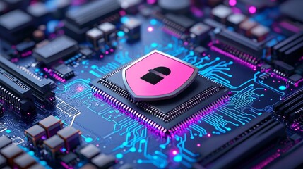 On a neon circuit board, a digital padlock icon signifies cybersecurity and data protection in today's tech.