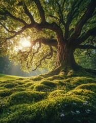 Fototapeta premium Majestic Ancient Tree with Expansive Branches Surrounded by Lush Greenery and Soft Sunlight Filtering Through a Vibrant Forest Landscape