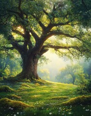 Fototapeta premium Majestic Ancient Tree Surrounded by Lush Greenery and Sunlight Filtering Through Leaves in a Serene Forest Setting