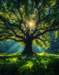 Fototapeta premium Majestic Oak Tree Standing Tall with Sunlight Streaming Through Lush Green Leaves in a Serene Woodland Landscape with Rays of Light