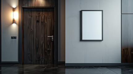 Obraz premium Hallway frame mockup on modern wall with wooden door
