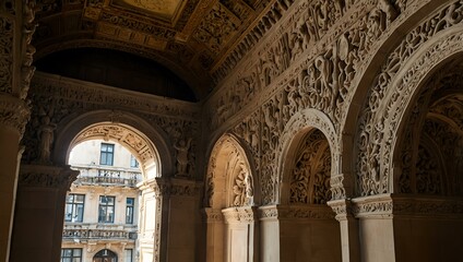 Obraz premium Ornate carvings and arches on a historic building.