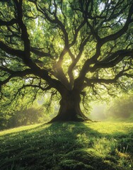 Fototapeta premium Majestic Tree with Lush Green Foliage Illuminated by Soft Sunlight in a Tranquil Meadow, Capturing Nature's Serenity and Beauty in a Picturesque Landscape