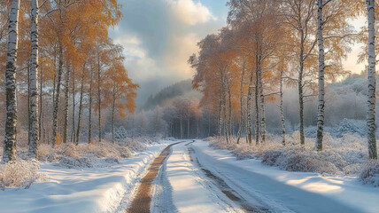 Serene winter landscape with birch trees and snowy path.