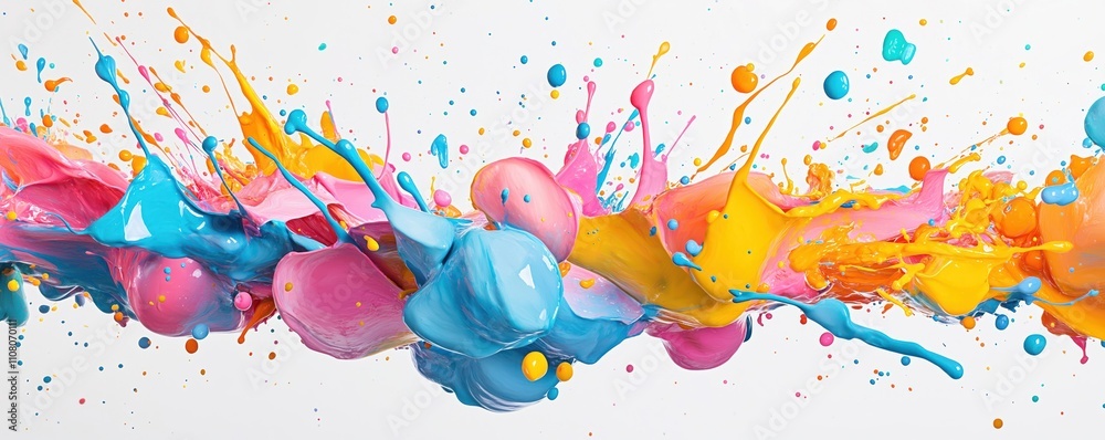 Aufkleber Multicolored paint splashes explode against white backdrop. Abstract vibrant art. Dynamic motion. Creative design. Colorful chaos. Explosion of paint. Vivid colors mix. Modern style. Abstract art.