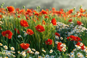 Fototapeta premium Colorful wildflower meadow with red poppies and white daisies.