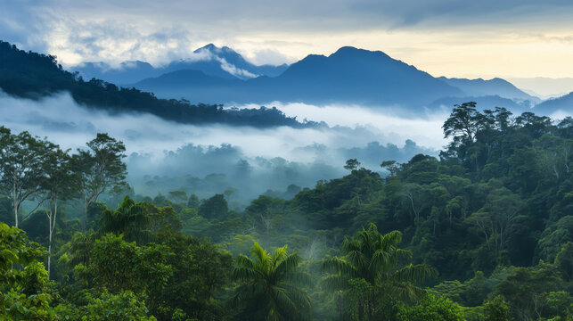 Beautiful sunset landscape of tropical forest surrounded by mountains