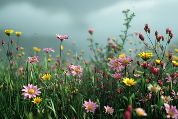 Obraz premium Pink and yellow wildflowers blooming in springtime meadow