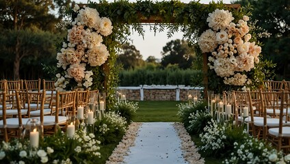 Obraz premium Outdoor wedding backdrop with luxury floral arrangements.