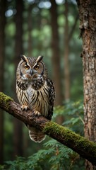 Owl perched on a forest branch.