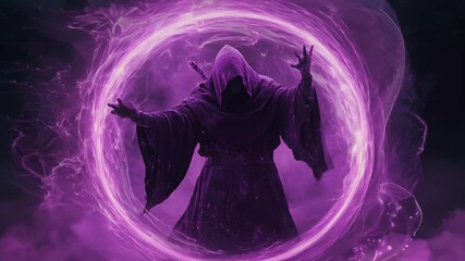 Mysterious Hooded Figure in Purple Energy Loop - Powered by Adobe