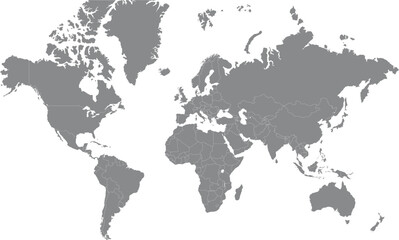 World Map with Country Gray, World Map, Geographic Map, Country Map, Country Border line, Asia, Africa, Europe, North America, South America, Australia Oceania