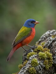 Obraz premium Painted Bunting perched on a lichen-covered branch.